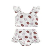 Genuiskids Toddler Infant Baby Girl Swimsuit Two Piece Set Kid Print Plaid Pattern Bathing Suit Fly Sleeve Tops Matching Shorts Beachwear